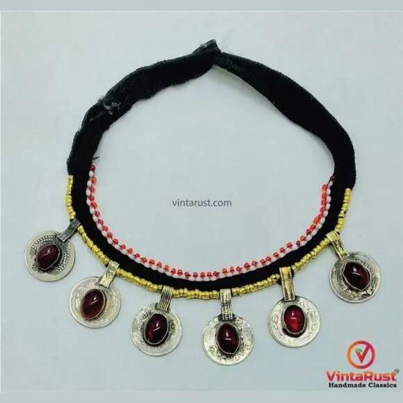 Tribal Glass Stone Embedded Coins Necklace: Statement Kuchi Handmade Choker - Picture 5 of 7